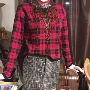 Red & Black Plaid Checkered Midi Sweater